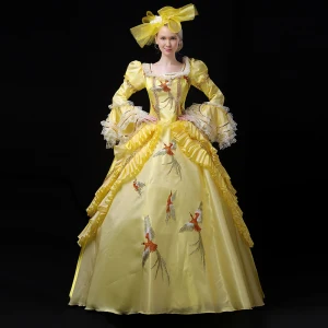 Vintage Retro Medieval Yellow Ball Gown Prom Dresses 2021 Long Sleeve Square Neckline Floor Length Long 3d Lace Handmade Embroidered Appliques Cosplay Prom Formal Dresses