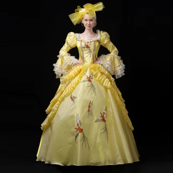 Vintage Retro Medieval Yellow Ball Gown Prom Dresses 2021 Long Sleeve Square Neckline Floor Length Long 3d Lace Handmade Embroidered Appliques Cosplay Prom Formal Dresses