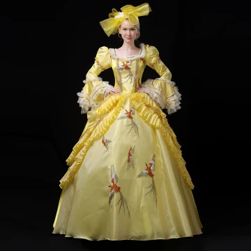 Vintage Retro Medieval Yellow Ball Gown Prom Dresses 2021 Long Sleeve Square Neckline Floor Length Long 3d Lace Handmade Embroidered Appliques Cosplay Prom Formal Dresses