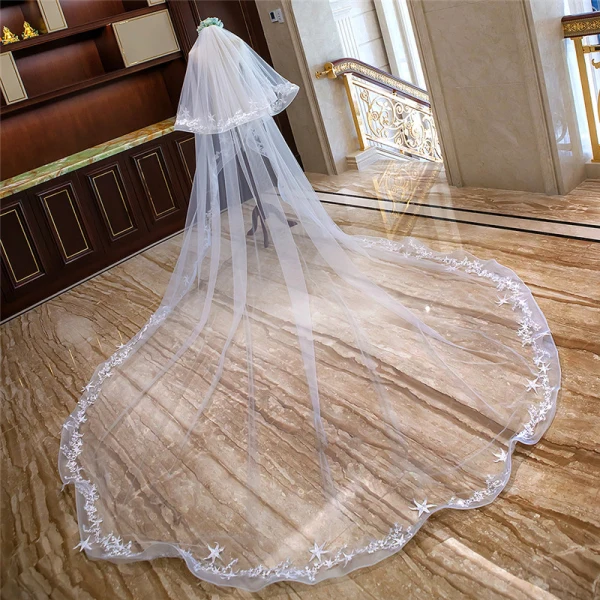 Romantic White Royal Train Wedding Tulle Star Appliques Wedding Veils 2018