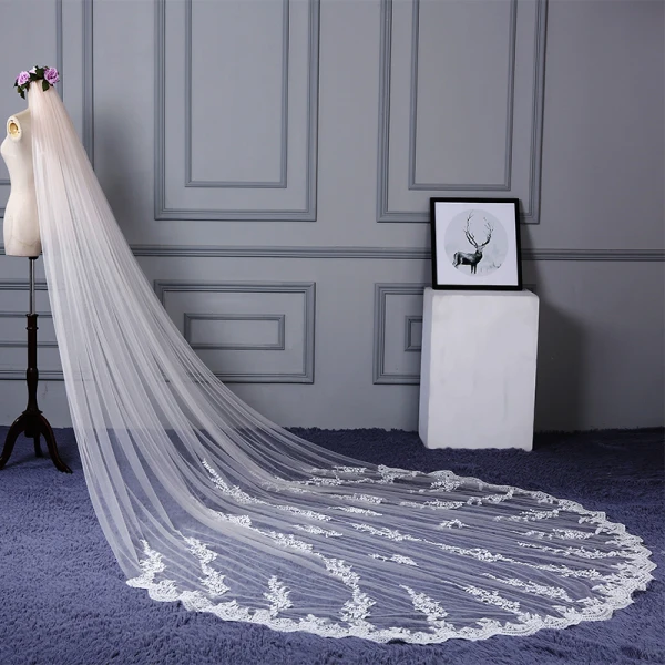 Chic / Belle Blanche Cathedral Train Mariage En Dentelle Tulle Appliques Voile De Mariée 2018