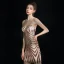 Modern / Fashion Champagne Short Party Dresses 2018 A-Line / Princess Spaghetti Straps Sparkly Backless Beading Sequins Cocktail Party Formal Dresses