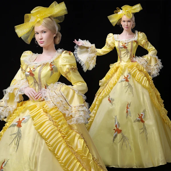 Vintage / Retro Medieval Yellow Ball Gown Prom Dresses 2021 Long Sleeve Square Neckline Floor-Length / Long 3D Lace Handmade Embroidered Appliques Cosplay Prom Formal Dresses