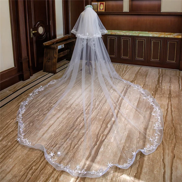 Romantic White Royal Train Wedding Tulle Star Appliques Wedding Veils 2018