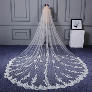 Chic Beautiful White Cathedral Train Wedding Lace Tulle Appliques Wedding Veils 2018