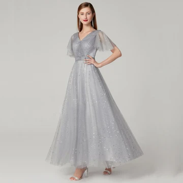 Sparkly Bling Bling Grey Evening Dresses 2020 A Line Princess Floor Length Long Short Sleeve V Neck Star Glitter Sequins Cocktail Party Evening Party Formal Dresses