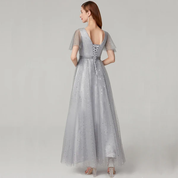 Scintillantes Bling Bling Gris Robe De Soirée 2020 Princesse Longue Manches Courtes V-Cou Étoile Glitter Paillettes Cocktail Soirée Robe De Ceremonie