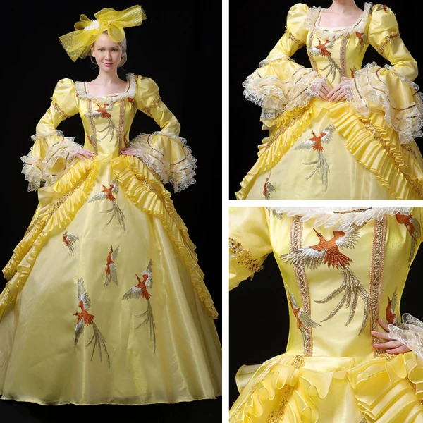 Vintage / Retro Medieval Yellow Ball Gown Prom Dresses 2021 Long Sleeve Square Neckline Floor-Length / Long 3D Lace Handmade Embroidered Appliques Cosplay Prom Formal Dresses