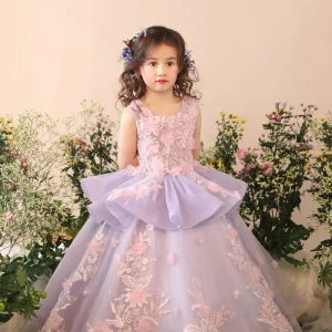 Chic Belle Église Robe Pour Mariage 2017 Robe Ceremonie Fille Lilas Robe Boule Longue Encolure Dégagée Sans Manches Fleur Appliques Glitter