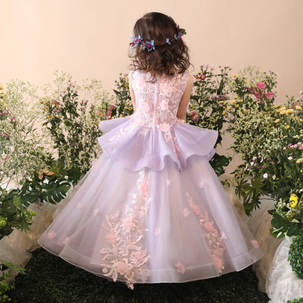 Chic / Beautiful Church Wedding Party Dresses 2017 Flower Girl Dresses Lilac Ball Gown Floor-Length / Long Scoop Neck Sleeveless Flower Appliques Glitter