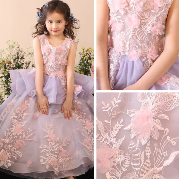 Chic / Beautiful Church Wedding Party Dresses 2017 Flower Girl Dresses Lilac Ball Gown Floor-Length / Long Scoop Neck Sleeveless Flower Appliques Glitter