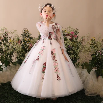 Mooie Prachtige Kerk Jurken Voor Bruiloft 2017 Bloemenmeisjes Jurken Witte Baljurk Lange Ronde Hals Lange Mouwen Rhinestone Bloem Appliques