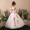 Chic / Beautiful Church Wedding Party Dresses 2017 Flower Girl Dresses White Ball Gown Floor-Length / Long Scoop Neck Long Sleeve Rhinestone Flower Appliques