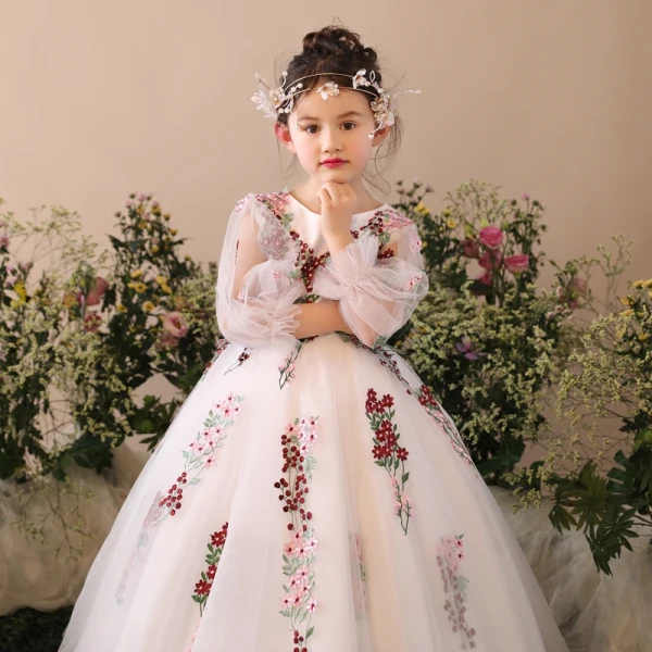 Chic / Beautiful Church Wedding Party Dresses 2017 Flower Girl Dresses White Ball Gown Floor-Length / Long Scoop Neck Long Sleeve Rhinestone Flower Appliques
