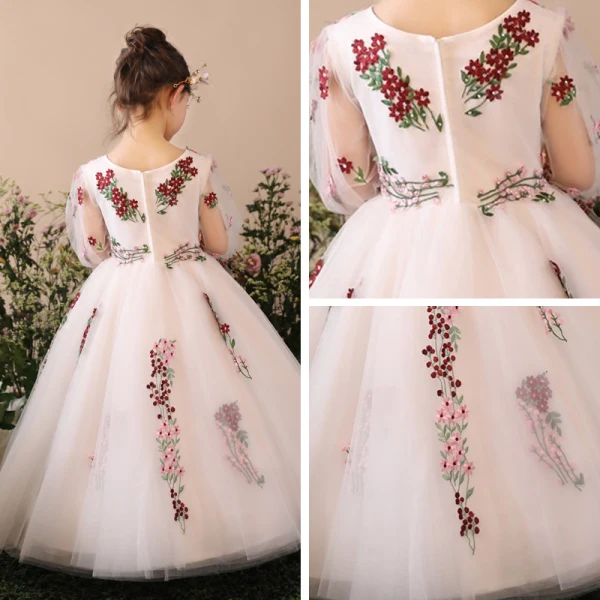 Chic / Beautiful Church Wedding Party Dresses 2017 Flower Girl Dresses White Ball Gown Floor-Length / Long Scoop Neck Long Sleeve Rhinestone Flower Appliques