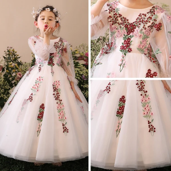 Chic / Beautiful Church Wedding Party Dresses 2017 Flower Girl Dresses White Ball Gown Floor-Length / Long Scoop Neck Long Sleeve Rhinestone Flower Appliques