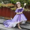 Chic / Beautiful Church Wedding Party Dresses 2017 Flower Girl Dresses Purple Ball Gown Asymmetrical Off-The-Shoulder Short Sleeve Backless Artificial Flowers Crystal Pearl