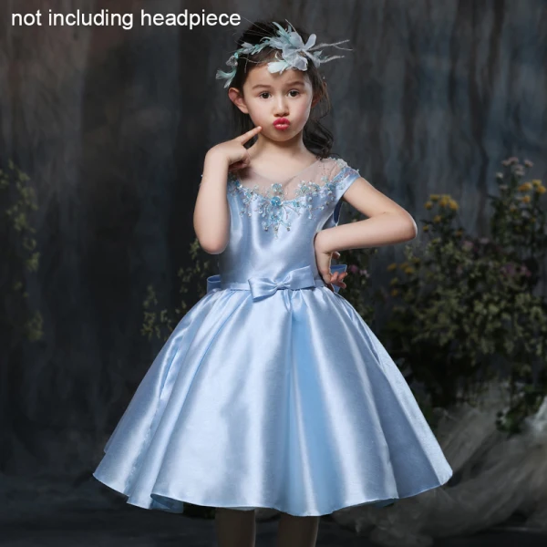 Chic / Beautiful Church Wedding Party Dresses 2017 Flower Girl Dresses Sky Blue Ball Gown Knee-Length Scoop Neck Backless Short Sleeve Satin Bow Sash Rhinestone Beading Sequins