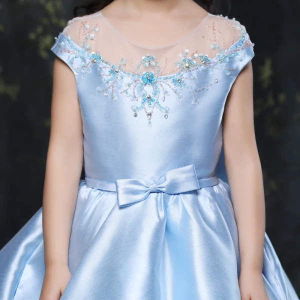 Chic / Beautiful Church Wedding Party Dresses 2017 Flower Girl Dresses Sky Blue Ball Gown Knee-Length Scoop Neck Backless Short Sleeve Satin Bow Sash Rhinestone Beading Sequins