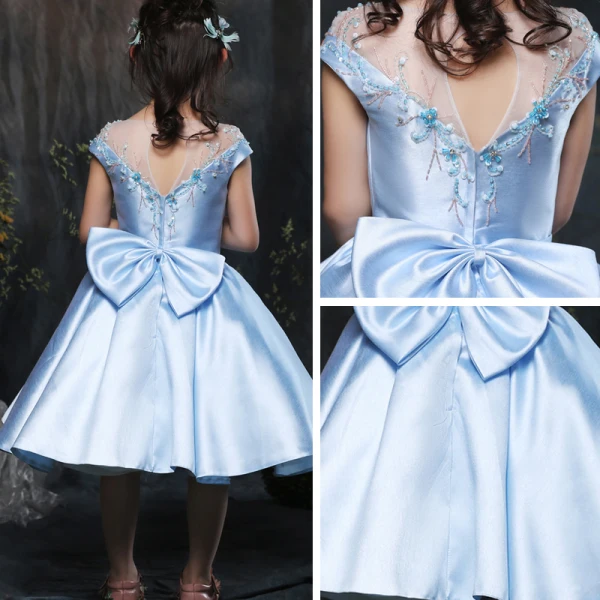 Chic / Beautiful Church Wedding Party Dresses 2017 Flower Girl Dresses Sky Blue Ball Gown Knee-Length Scoop Neck Backless Short Sleeve Satin Bow Sash Rhinestone Beading Sequins
