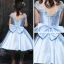 Chic / Beautiful Church Wedding Party Dresses 2017 Flower Girl Dresses Sky Blue Ball Gown Knee-Length Scoop Neck Backless Short Sleeve Satin Bow Sash Rhinestone Beading Sequins