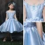 Chic / Beautiful Church Wedding Party Dresses 2017 Flower Girl Dresses Sky Blue Ball Gown Knee-Length Scoop Neck Backless Short Sleeve Satin Bow Sash Rhinestone Beading Sequins