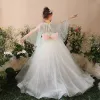 Chic / Beautiful Church Wedding Party Dresses 2017 Flower Girl Dresses Sage Green Asymmetrical Ball Gown Scoop Neck Long Sleeve Bow Sash Appliques Sequins Beading