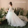 Chic / Beautiful Church Wedding Party Dresses 2017 Flower Girl Dresses Sage Green Asymmetrical Ball Gown Scoop Neck Long Sleeve Bow Sash Appliques Sequins Beading