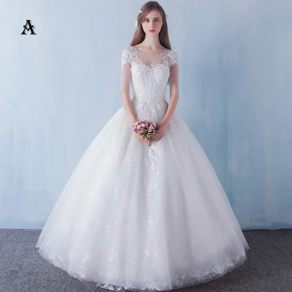 Chic / Beautiful Church Wedding Dresses 2017 White Ball Gown Floor-Length / Long Lace Appliques Flower Pearl Sequins V-Neck Backless 1/2 Sleeves