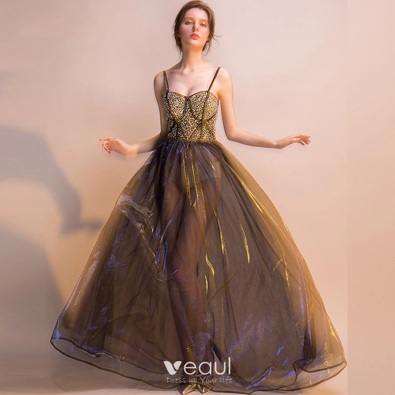 Sexy Black Gold Royal Blue Summer Evening Dresses 2018 Empire Spaghetti Straps Sleeveless Beading Sparkly Tulle Floor-Length / Long Backless Formal
