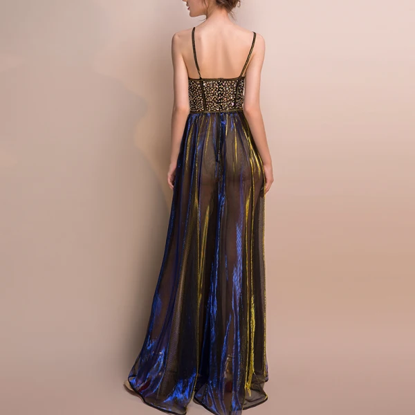 Sexy Noire Doré Bleu Roi Été Robe De Soirée 2018 Empire Bretelles Spaghetti Sans Manches Perlage Scintillantes Tulle Longue Dos Nu Robe De Ceremonie