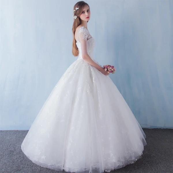 Chic / Beautiful Church Wedding Dresses 2017 White Ball Gown Floor-Length / Long Lace Appliques Flower Pearl Sequins V-Neck Backless 1/2 Sleeves