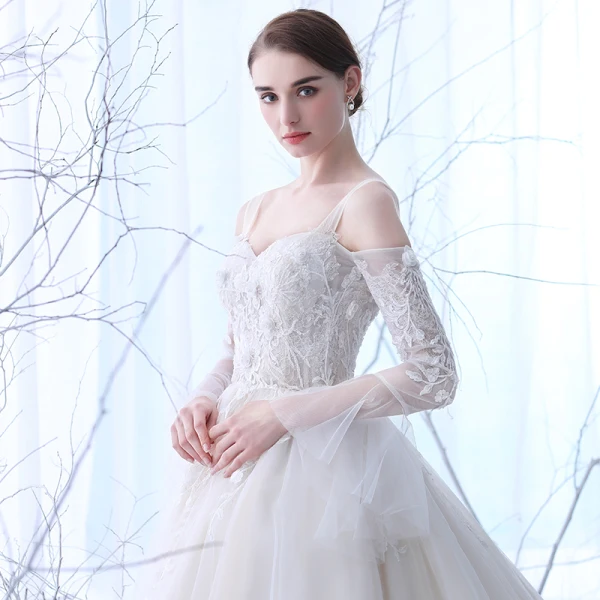 Chic / Belle Champagne Transparentes Robe De Mariée 2018 Robe Boule Bustier Manches Longues Dos Nu Appliques En Dentelle Volants Cathedral Train