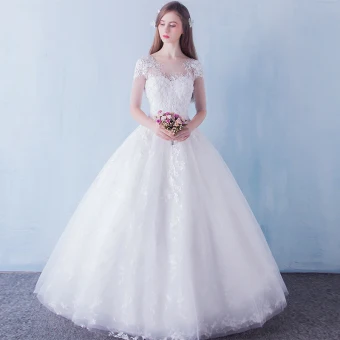 Chic Belle Église Robe De Mariée 2017 Blanche Robe Boule Longue En Dentelle Appliques Fleur Perle Paillettes V Cou Dos Nu 1 2 Manches
