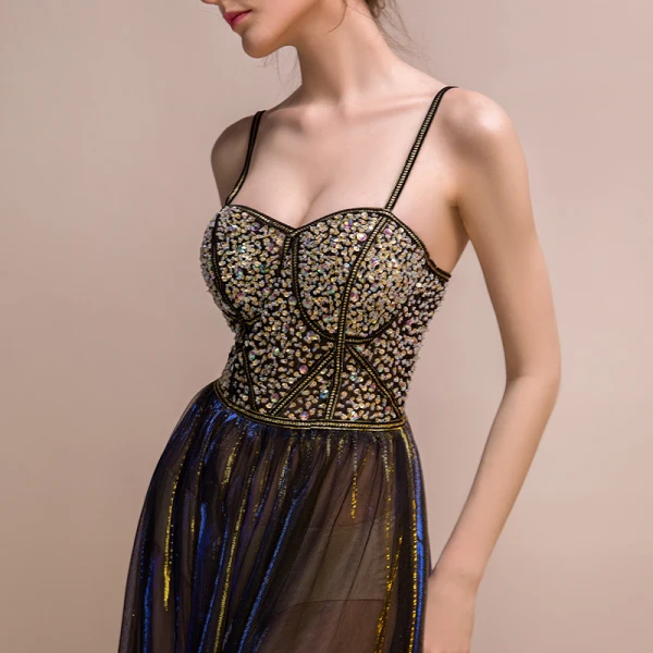 Sexy Black Gold Royal Blue Summer Evening Dresses 2018 Empire Spaghetti Straps Sleeveless Beading Sparkly Tulle Floor-Length / Long Backless Formal Sexy Black Gold Royal Blue Summer Evening Dresses 2018 Empire Spaghetti Straps Sleeveless Beading Sparkly Tulle Floor-Length / Long Backless Formal