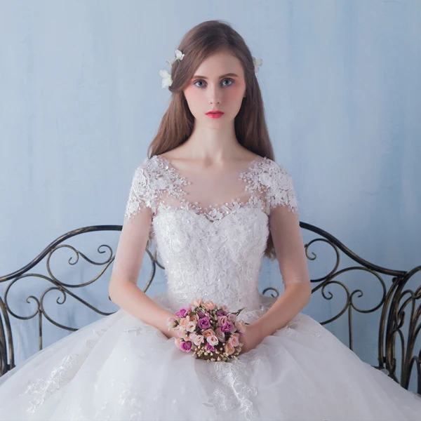 Chic / Beautiful Church Wedding Dresses 2017 White Ball Gown Floor-Length / Long Lace Appliques Flower Pearl Sequins V-Neck Backless 1/2 Sleeves