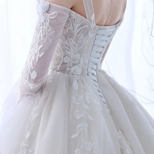 Chic / Belle Champagne Transparentes Robe De Mariée 2018 Robe Boule Bustier Manches Longues Dos Nu Appliques En Dentelle Volants Cathedral Train