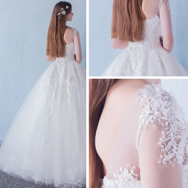 Chic / Beautiful Church Wedding Dresses 2017 White Ball Gown Floor-Length / Long Lace Appliques Flower Pearl Sequins V-Neck Backless 1/2 Sleeves