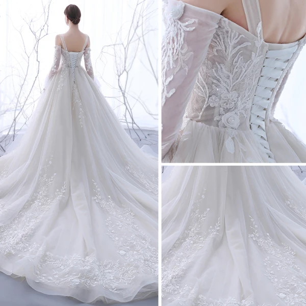 Chic / Belle Champagne Transparentes Robe De Mariée 2018 Robe Boule Bustier Manches Longues Dos Nu Appliques En Dentelle Volants Cathedral Train