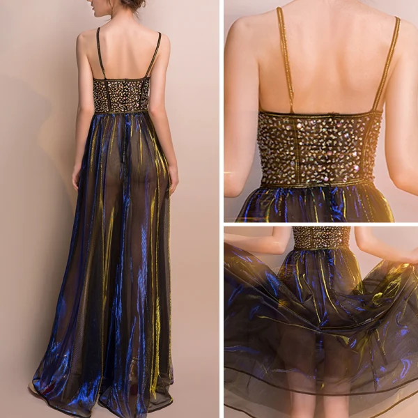 Sexy Noire Doré Bleu Roi Été Robe De Soirée 2018 Empire Bretelles Spaghetti Sans Manches Perlage Scintillantes Tulle Longue Dos Nu Robe De Ceremonie