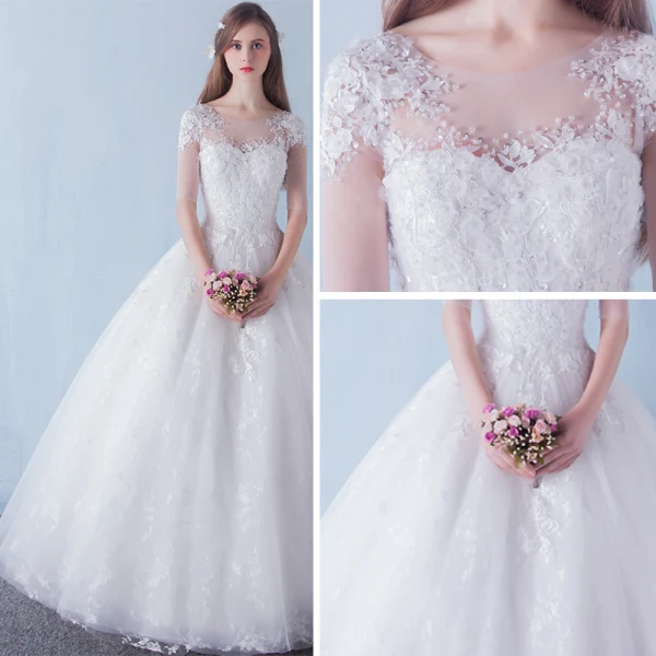 Chic / Beautiful Church Wedding Dresses 2017 White Ball Gown Floor-Length / Long Lace Appliques Flower Pearl Sequins V-Neck Backless 1/2 Sleeves