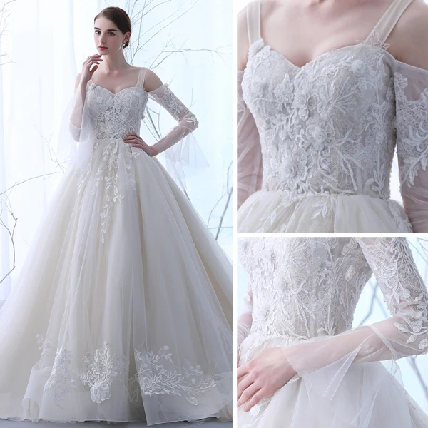 Chic / Belle Champagne Transparentes Robe De Mariée 2018 Robe Boule Bustier Manches Longues Dos Nu Appliques En Dentelle Volants Cathedral Train