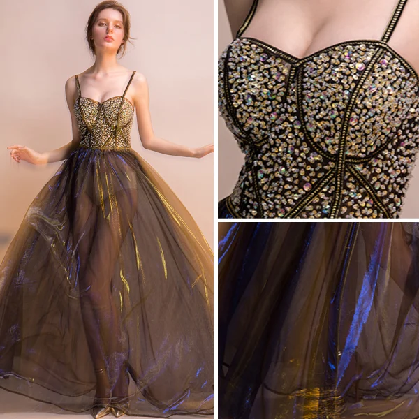 Sexy Noire Doré Bleu Roi Été Robe De Soirée 2018 Empire Bretelles Spaghetti Sans Manches Perlage Scintillantes Tulle Longue Dos Nu Robe De Ceremonie