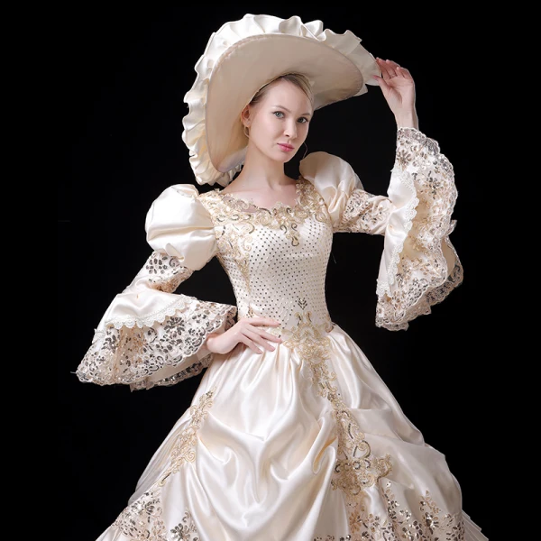 Vintage / Retro Medieval Bling Bling Ivory Ball Gown Prom Dresses 2021 U-Neck Zipper Up Floor-Length / Long Long Sleeve Lace Beading Sequins Cosplay Prom Formal Dresses