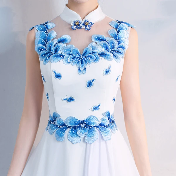 Chinese style White Floor-Length / Long Evening Dresses 2018 A-Line / Princess High Neck Tulle Appliques Beading Rhinestone Evening Party Formal Dresses
