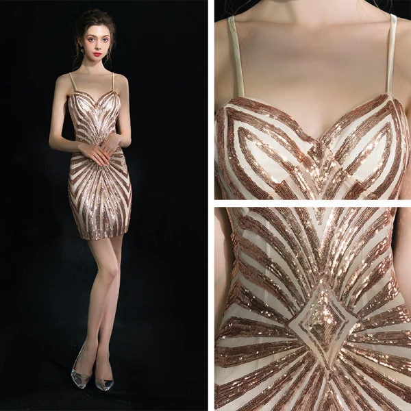 Modern / Fashion Champagne Short Party Dresses 2018 A-Line / Princess Spaghetti Straps Sparkly Backless Beading Sequins Cocktail Party Formal Dresses