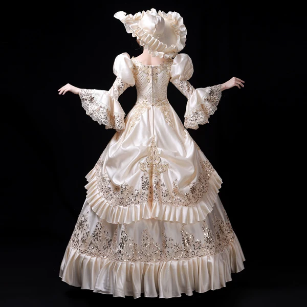 Vintage / Retro Medieval Bling Bling Ivory Ball Gown Prom Dresses 2021 U-Neck Zipper Up Floor-Length / Long Long Sleeve Lace Beading Sequins Cosplay Prom Formal Dresses
