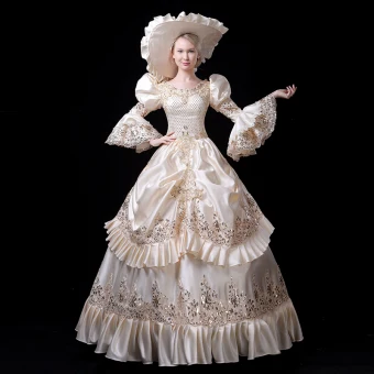 Vintage Middeleeuws Bling Bling Ivoor Baljurk Galajurken 2021 U Hals Rits Omhoog Lange Lange Mouwen Kant Kralen Pailletten Cosplay Gala Gelegenheid Jurken