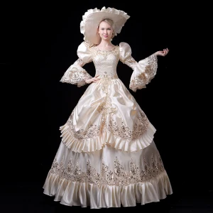 Vintage Mittelalterlich Bling Bling Ivory Creme Ballkleid Ballkleider 2021 U Ausschnitt Reißverschluss Lange Lange Ärmel Spitze Perlenstickerei Pailletten Cosplay Ball Festliche Kleider
