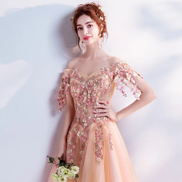 Flower Fairy Orange Prom Dresses 2017 Prom Tulle Appliques Backless Beading Embroidered Formal Dresses